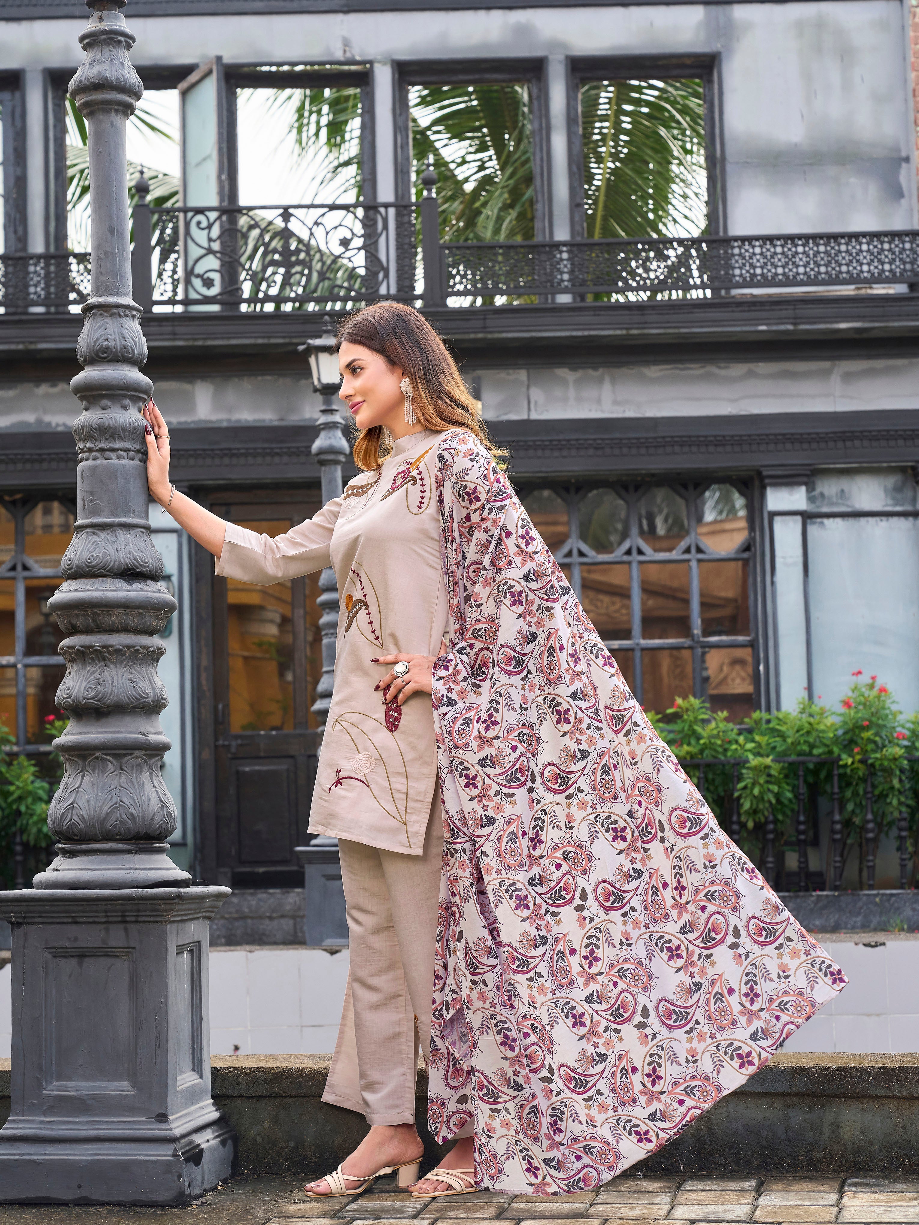 Beige color silk blend with thread embroidered kurta & palazzo with printed dupatta set